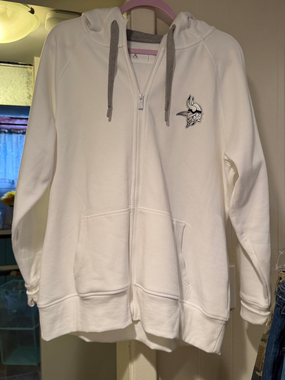 Antigua White Vikings Full-Zip Hoodie with Grey Drawcords and Embroidered Logo